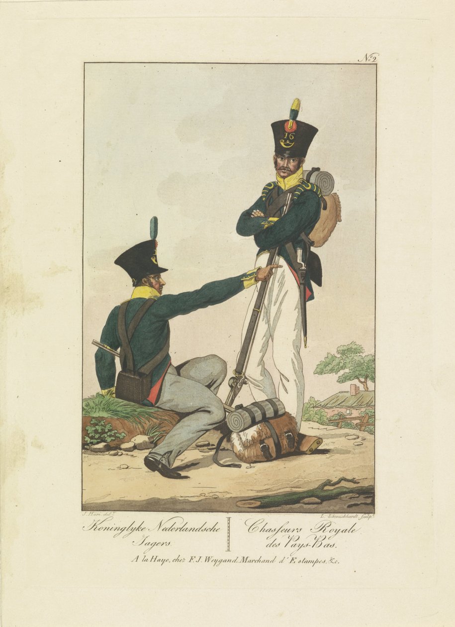 To jægere, 1814-1818 Koninglyke Nederlandsche Jagers / Chasseurs Royale des Pays-Bas (titel på objekt) Syv uniformsforestillinger 1814-1818 (serietitel) af Leonardus Schweickhardt