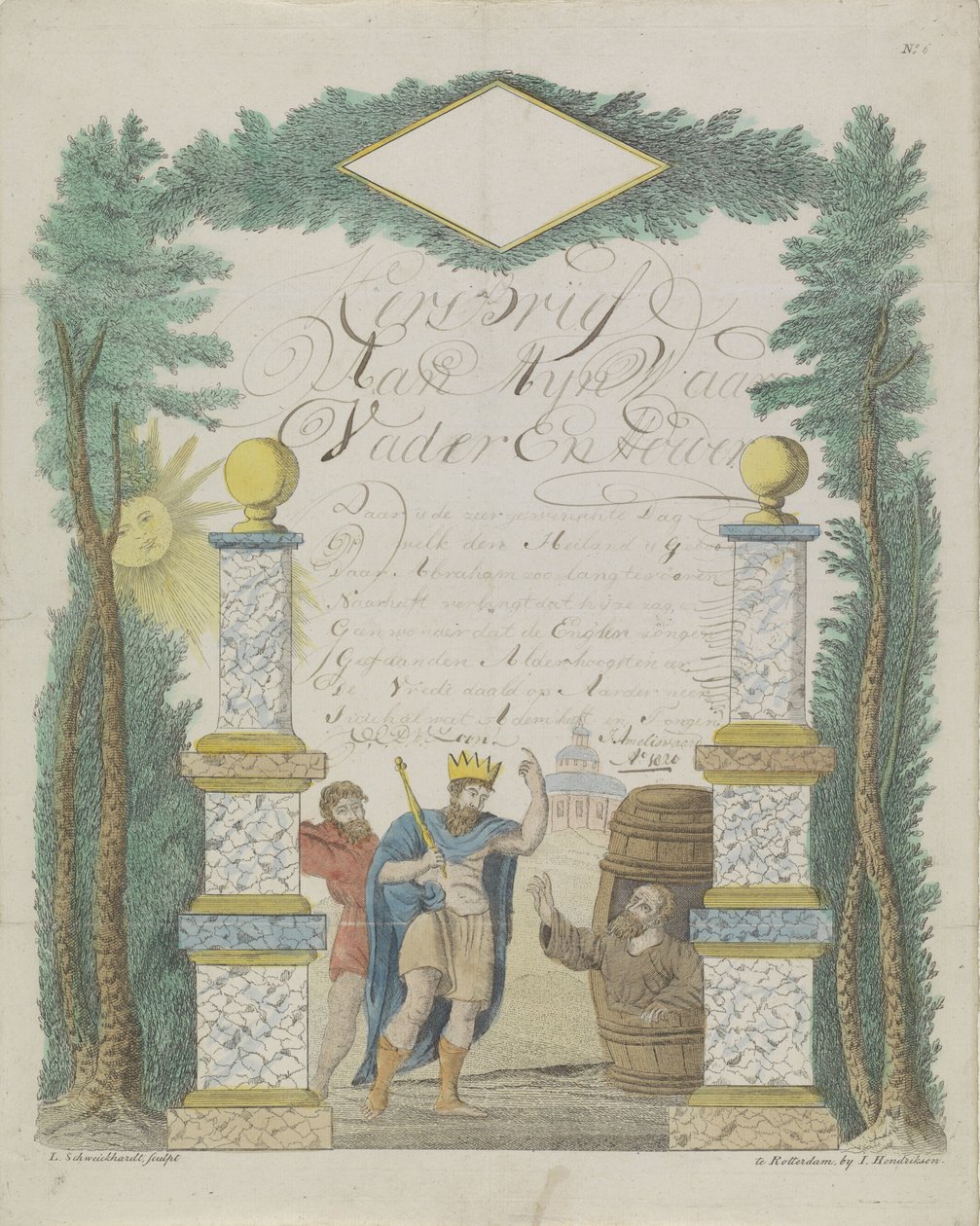 Ønskebrev med Alexander den Store på besøg hos Diogenes i tønden af Leonardus Schweickhardt
