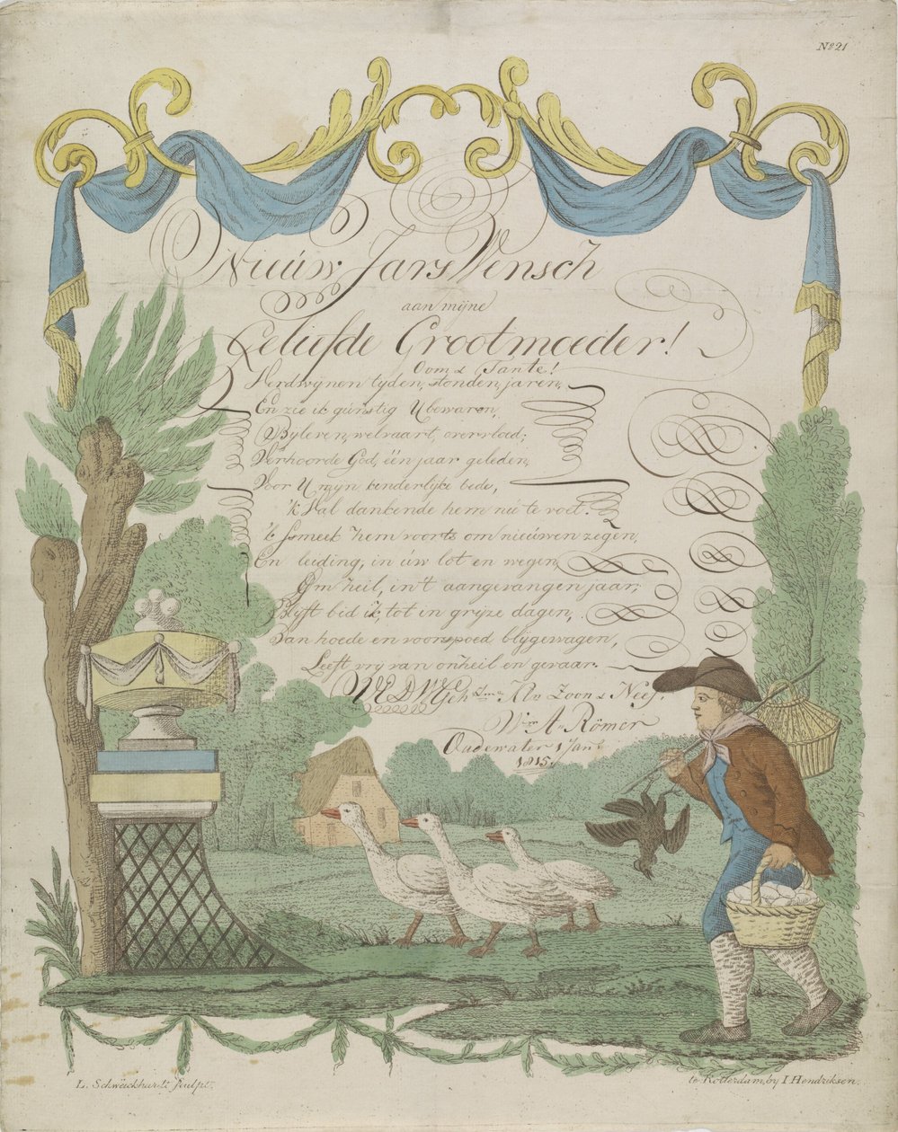 Ønskebrev med en bonde og hans gæs af Leonardus Schweickhardt