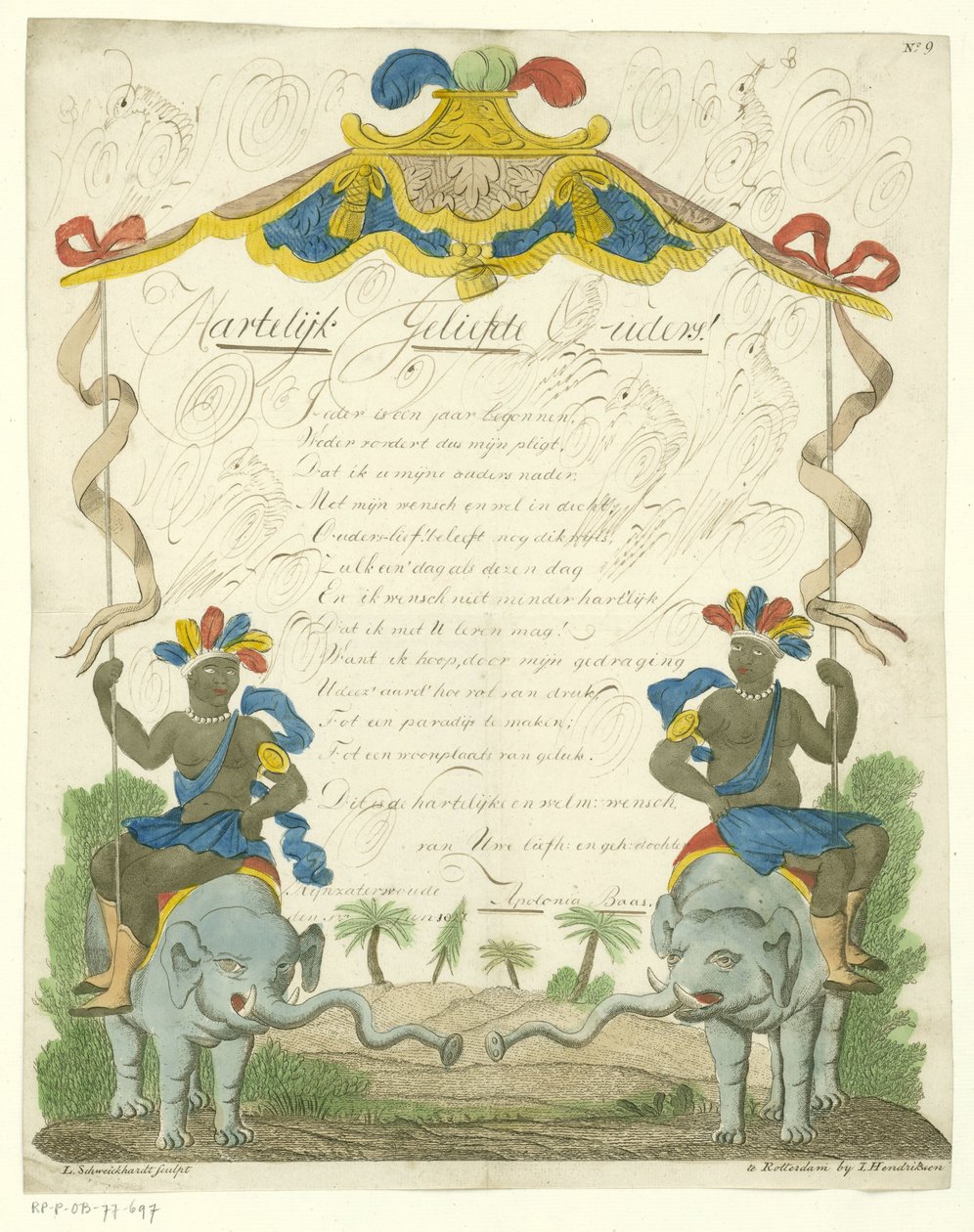 Ønskebrev med sorte mænd på elefanter af Leonardus Schweickhardt