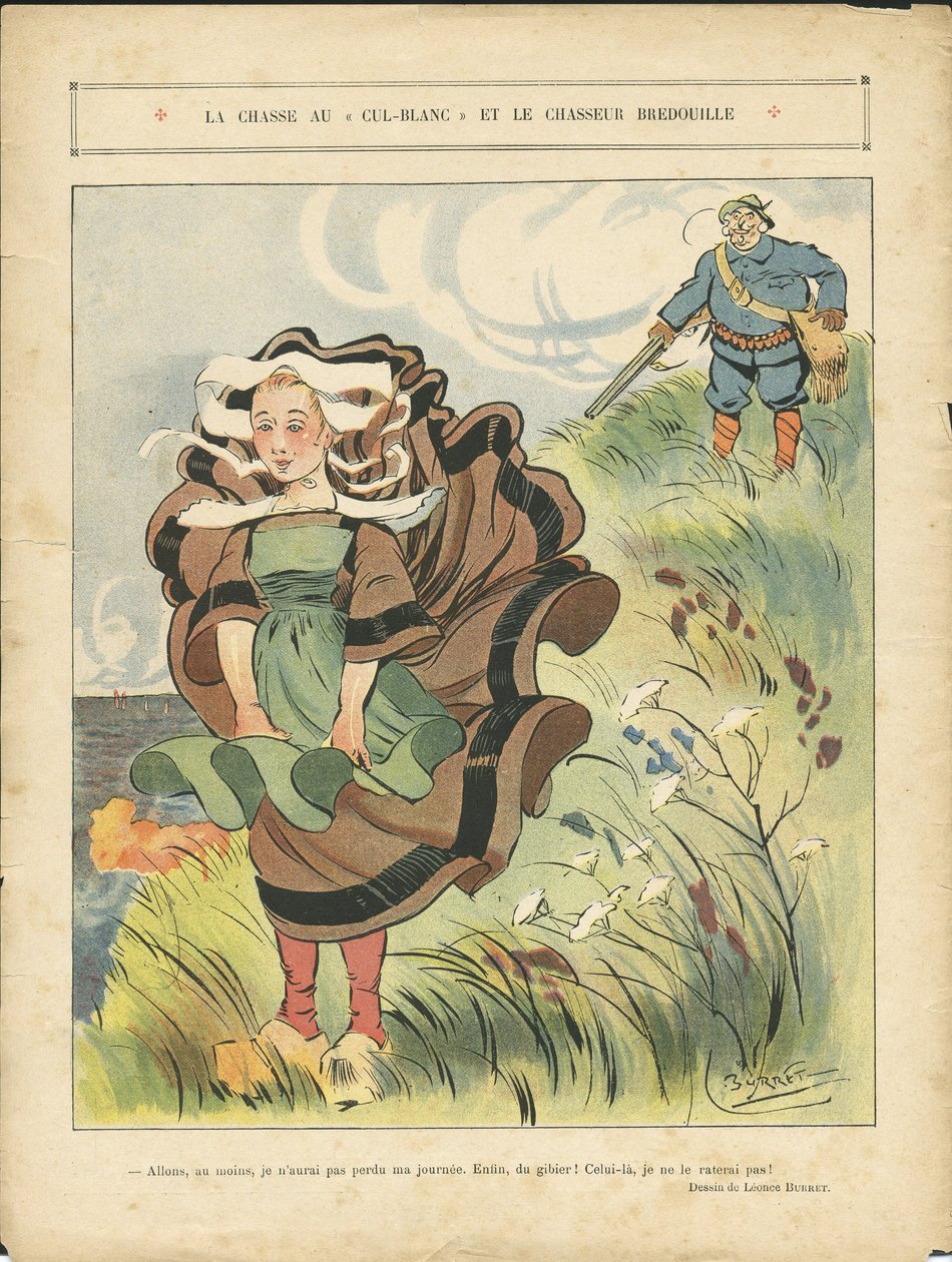 Illustration af Leonce Burret (1865-1915) i Le Rire, 03/09/10 - Jagten på den hvide cul-blanc og dummyjægeren - Landskab, Fritid, Natur Vegetation, Jagtjæger, Maritime Marine Balneaire - Bønder, Landmænd af Leonce Burret