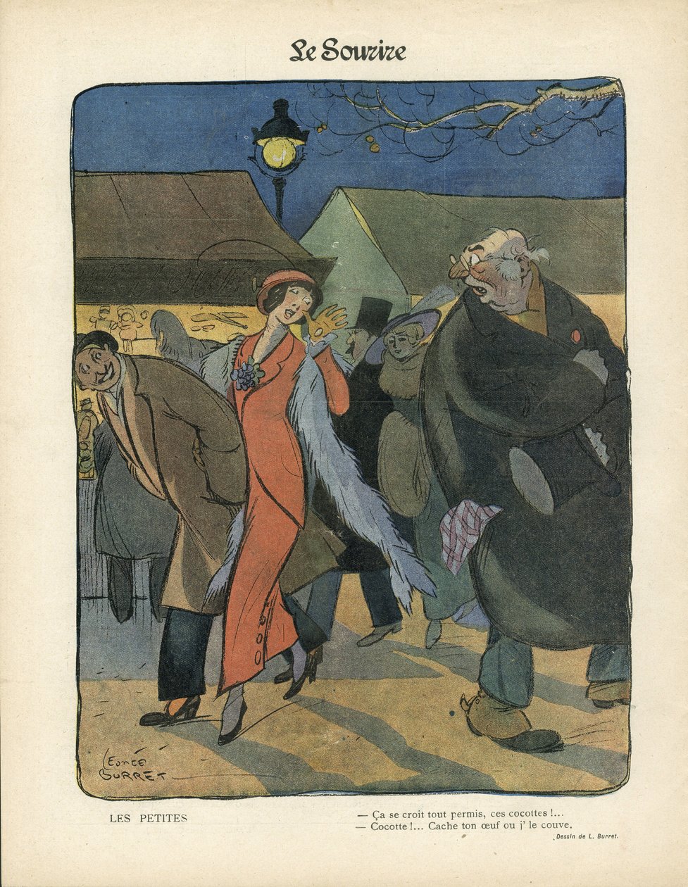 Illustration af Leonce Burret (1865-1915) i Le Smile, nr. 4, 23/01/13 - Les petites - Nocturne, Prostitution, Papirgryde, Standerlampe, Pels af Leonce Burret