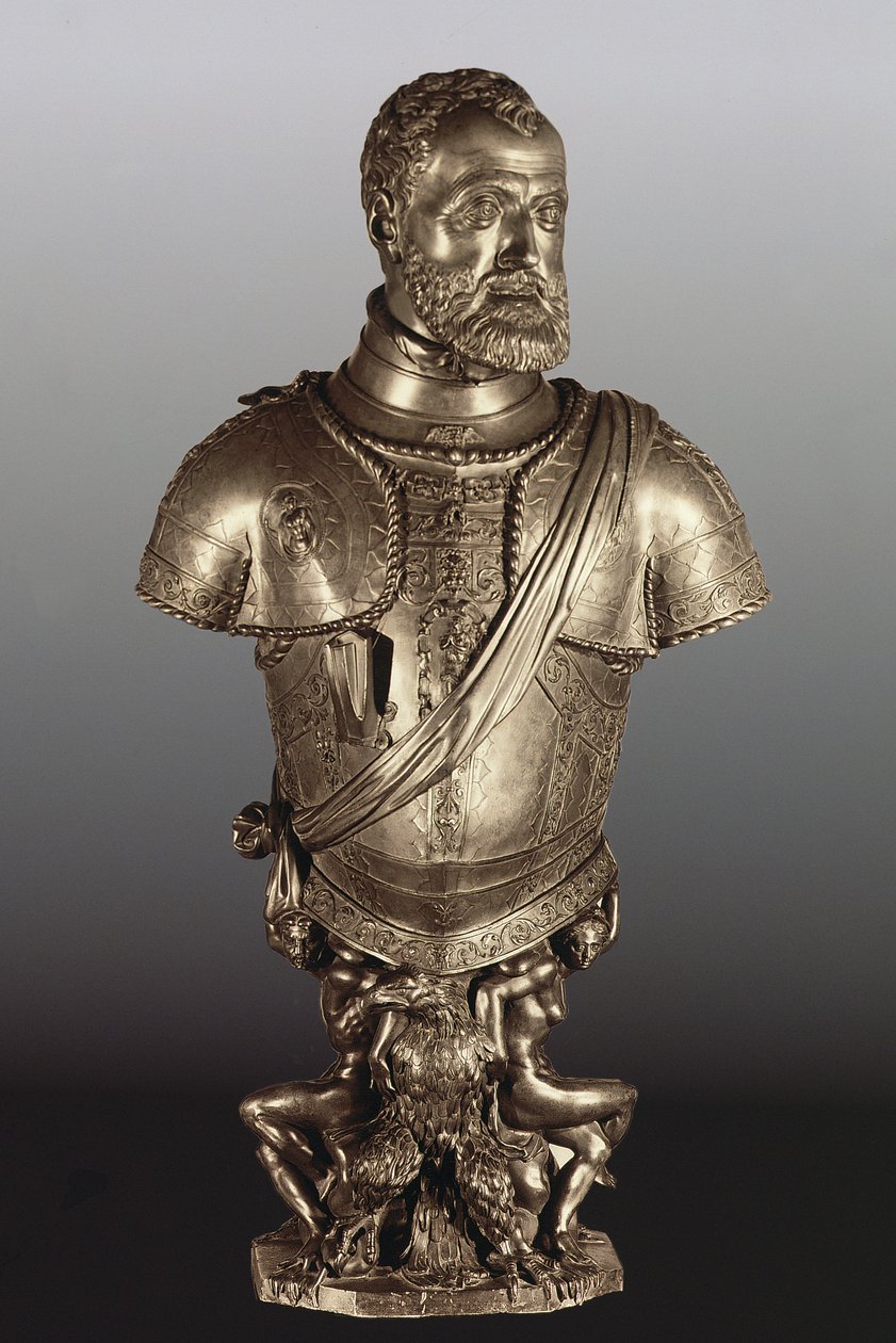 Portrætbuste af den hellige romerske kejser Karl V (1500-58) (bronze) af Leone Leoni
