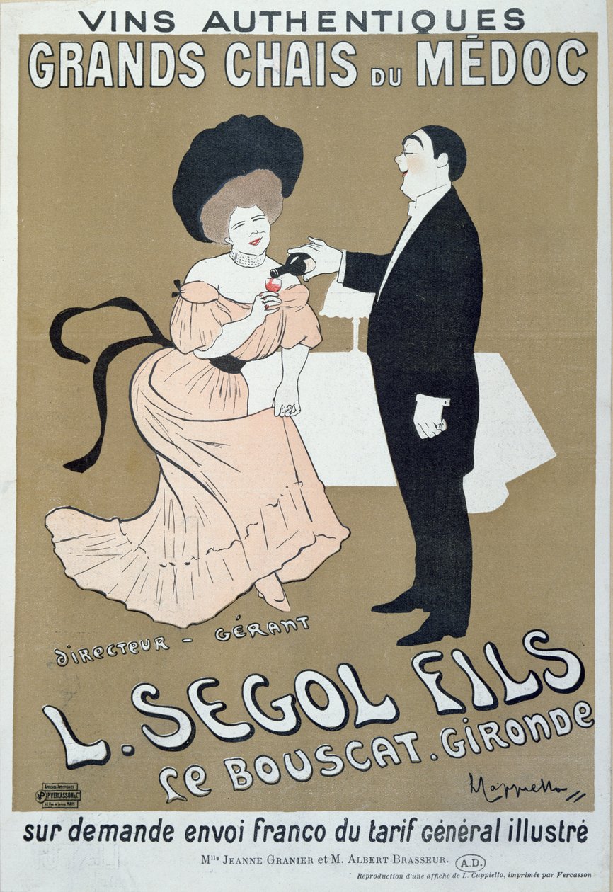 Plakat med reklamevine fra Medoc fremstillet af L. Segol and Sons, 1905 af Leonetto Cappiello