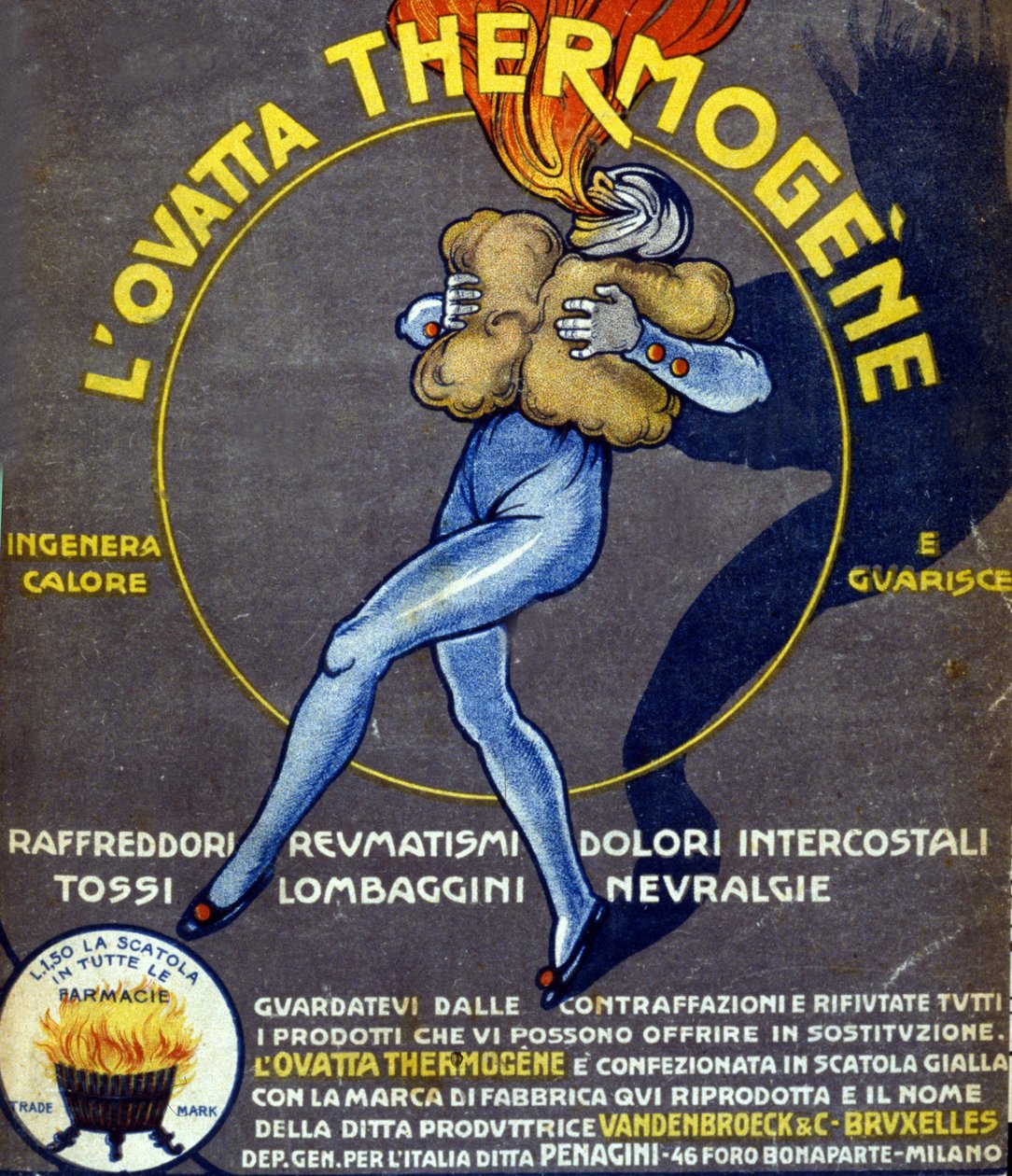 Annonce for termogen bomuldsuld, der kurerer forkølelse, indre smerter, gigt, hoste, neuralgi og lænde. Tegning af L. Cappiello (1875 - 1942) Italien, 20. århundrede. af Leonetto Cappiello