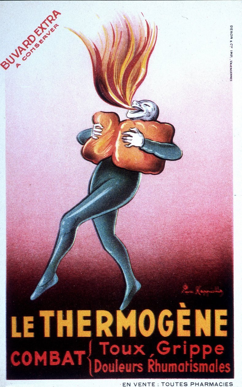 Annoncering for termogen vat, der helbreder forkølelse, interkostale smerter, gigt, hoste, neuralgi og lumbagos. Fransk Bouvard. begyndelsen af det 20. århundrede af Leonetto Cappiello