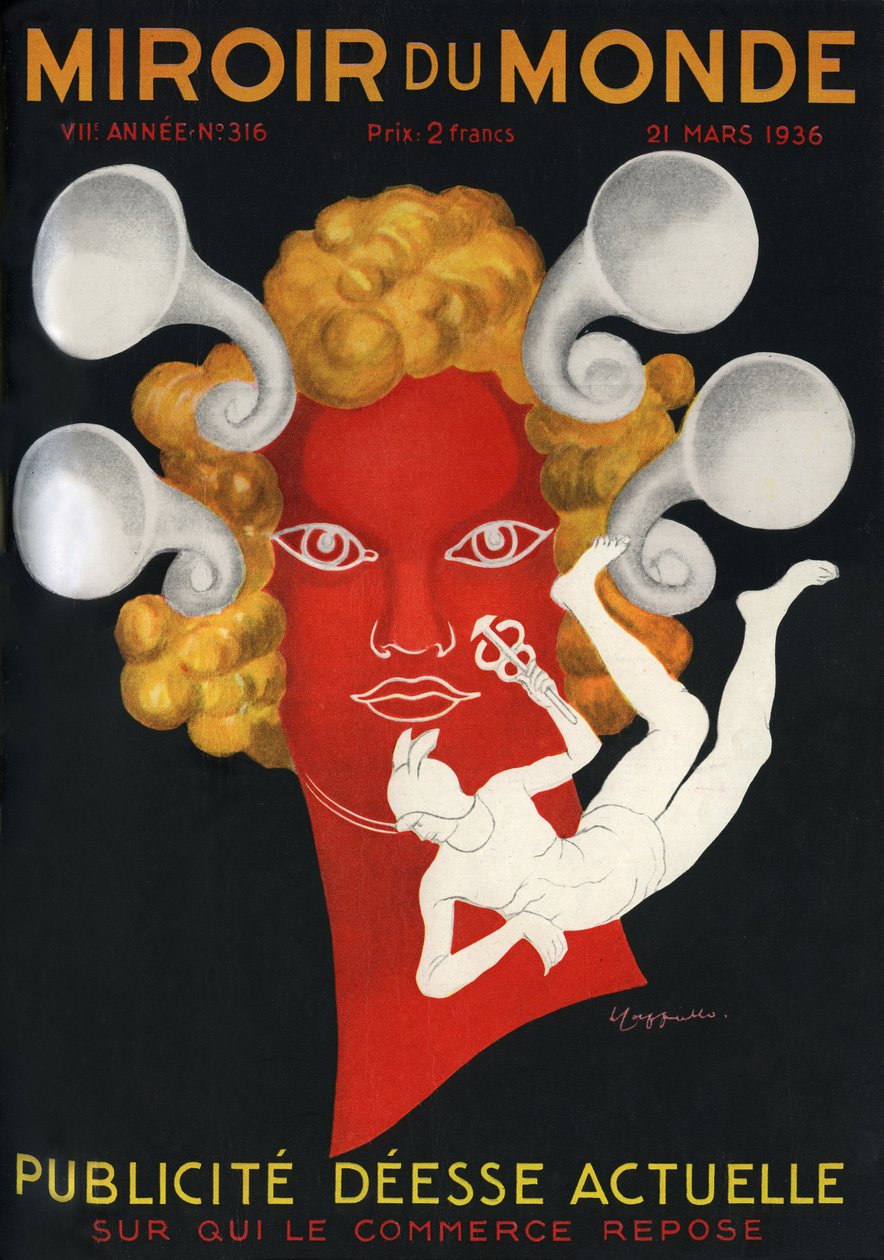 Allegori om reklamen "" Nuværende gudinde, på hvem handel hviler"", med Mercury, gud for rejsende og handel. Forside af magasinet Mirror du monde nr. 316, 21. marts af Leonetto Cappiello