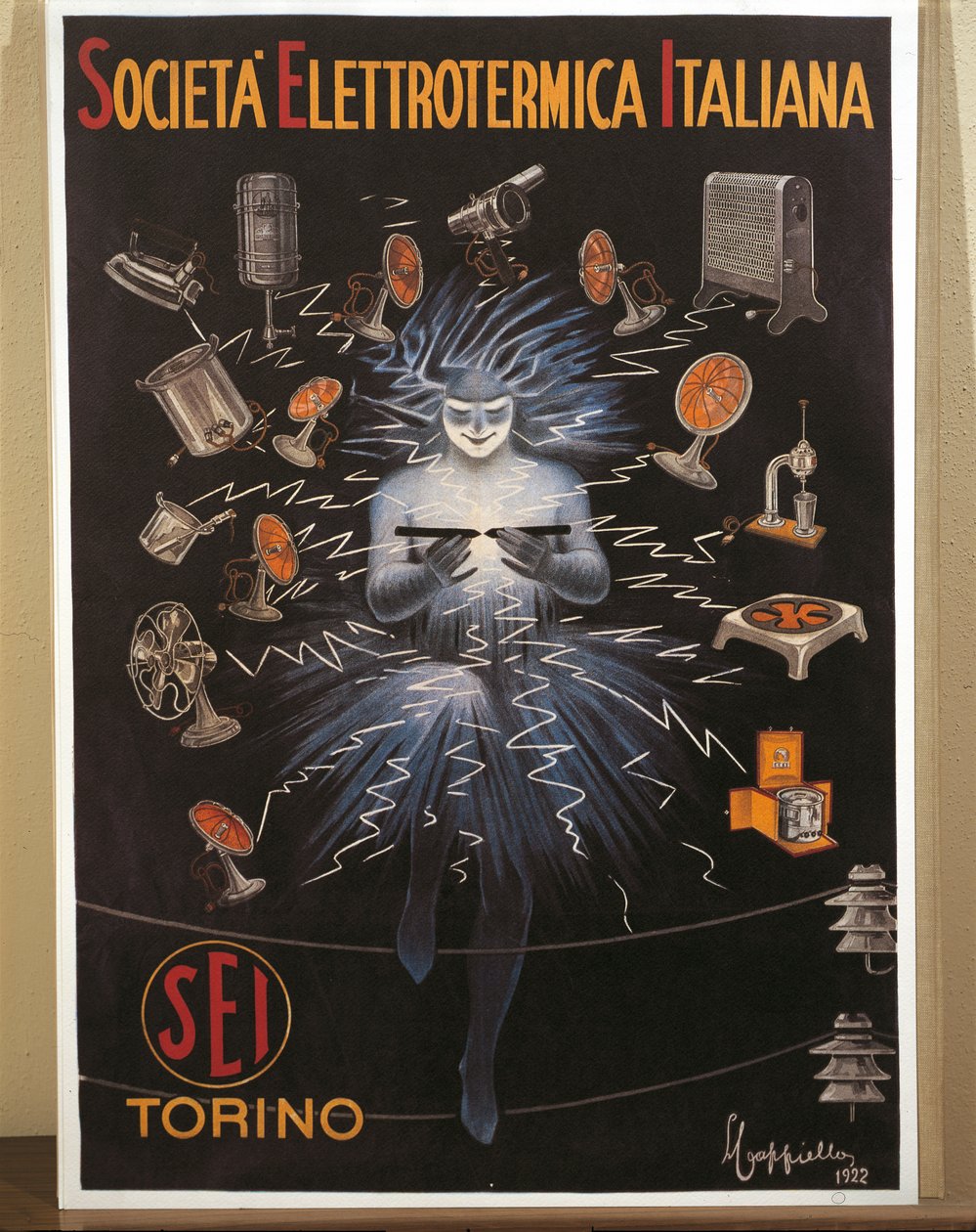 Farvelitografi af Leonetto Cappiello, SEI, Electroheat Italian Company reklameplakat af Leonetto Cappiello