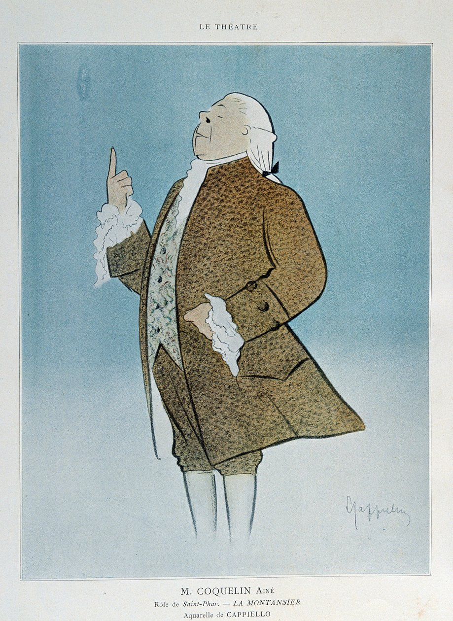 Komiker Constant Poppy Groin (1841-1909) i rollen som Saint Phar i Rejanes "La Montansier" i 1904. Akvarel af Leonetto Cappiello (1875-1942) Paris. Dekorativ kunst af Leonetto Cappiello