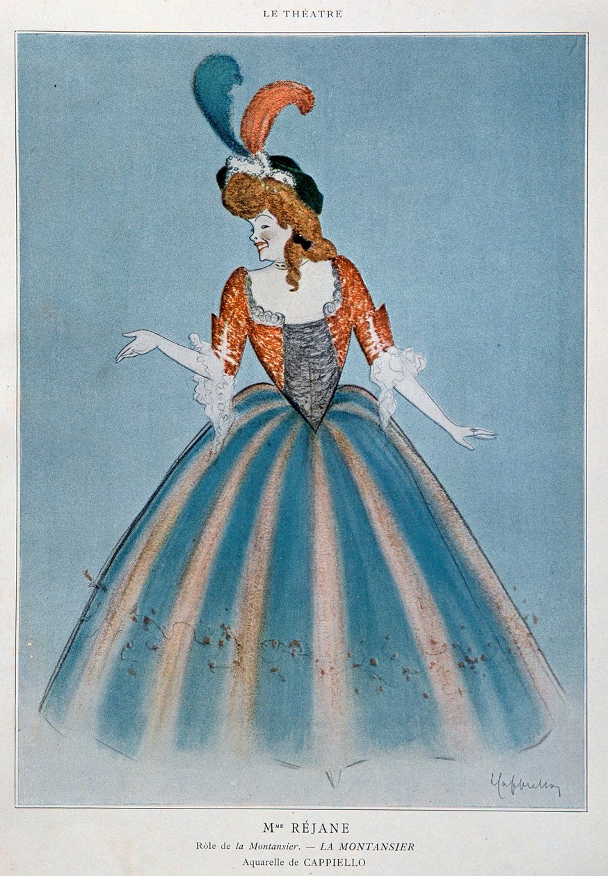 Komikeren Gabrielle Charlotte Reyu kaldte Rejane (1856-1920) i rollen som Montansier. Akvarel af Leonetto Cappiello (1875-1942) Paris, dekorativ kunst af Leonetto Cappiello