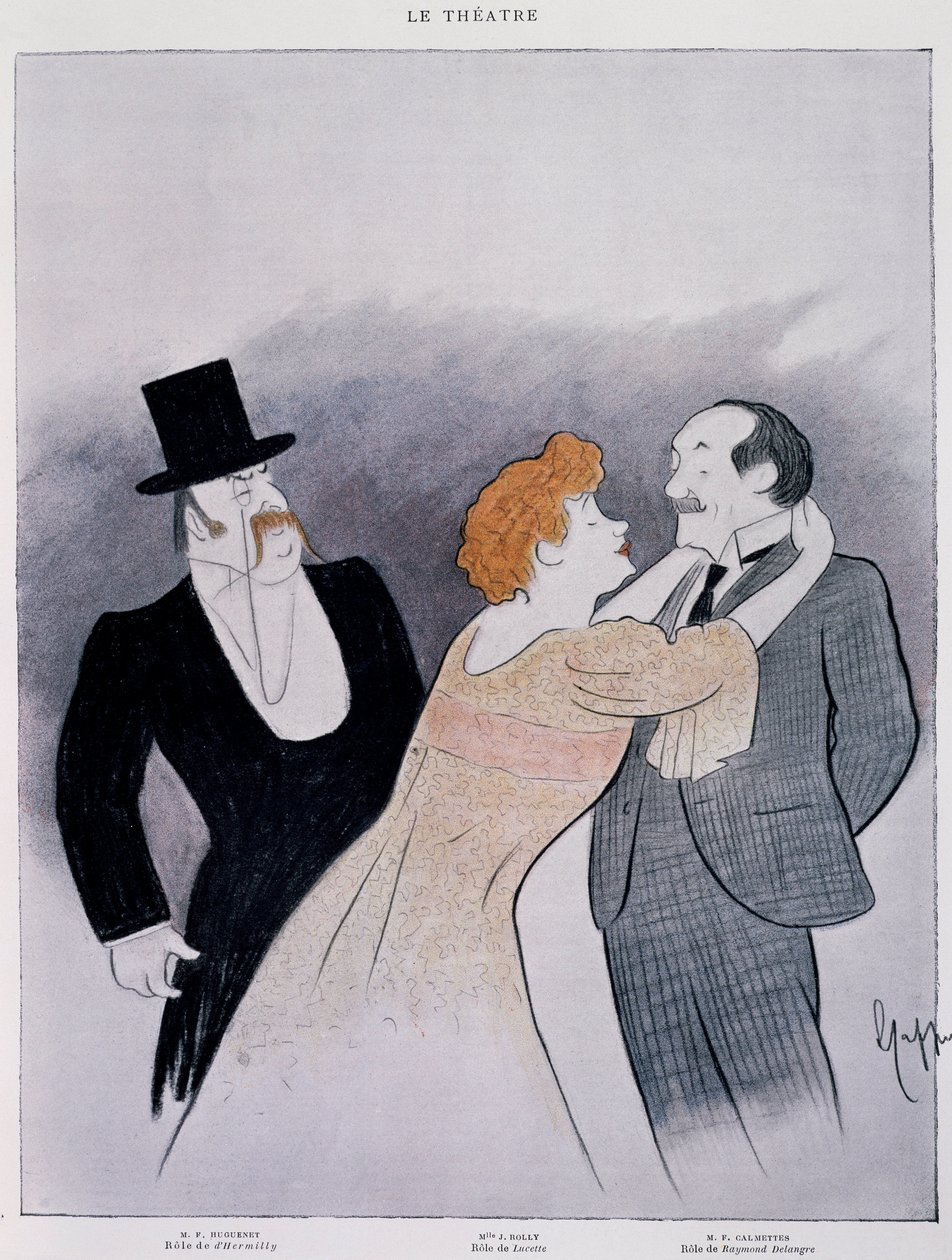 Tegning fra teaterstykket "le Secret de Polichinelle" af Pierre Wolff - uddrag af revyen Le Theatre af Leonetto Cappiello