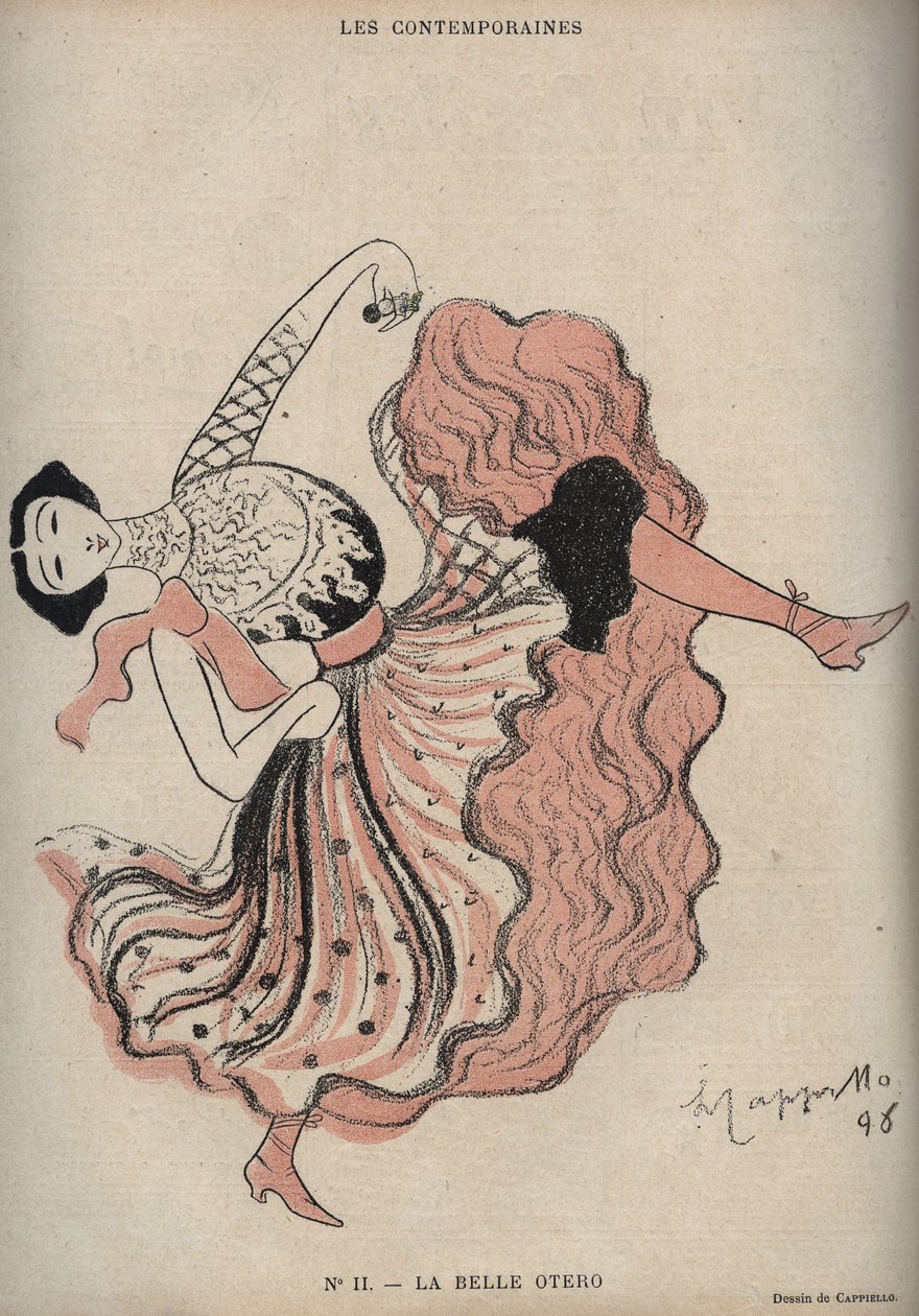 Portræt af Caroline (La Belle) Otero (1868-1965), spansk danserinde og kurtisane - tegning af Leonetto Cappiello (1875-1942) i ""The Rire"" fra 1898 af Leonetto Cappiello