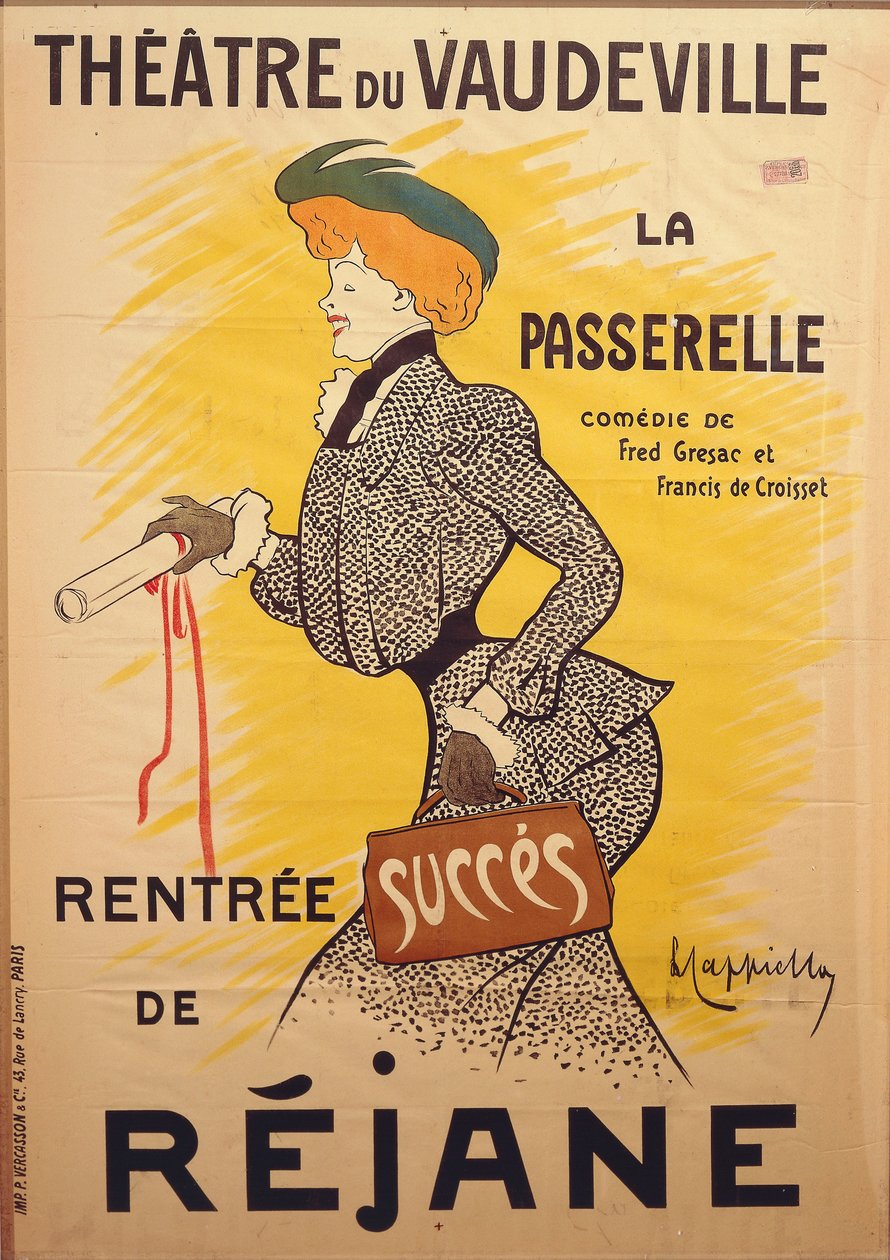 Plakat for komedien "La passerelle" af Francis de Croisset (1877-1937) og Fred De Gresac (1879-1943) på Theatre du Vaudeville med Rejane af Leonetto Cappiello