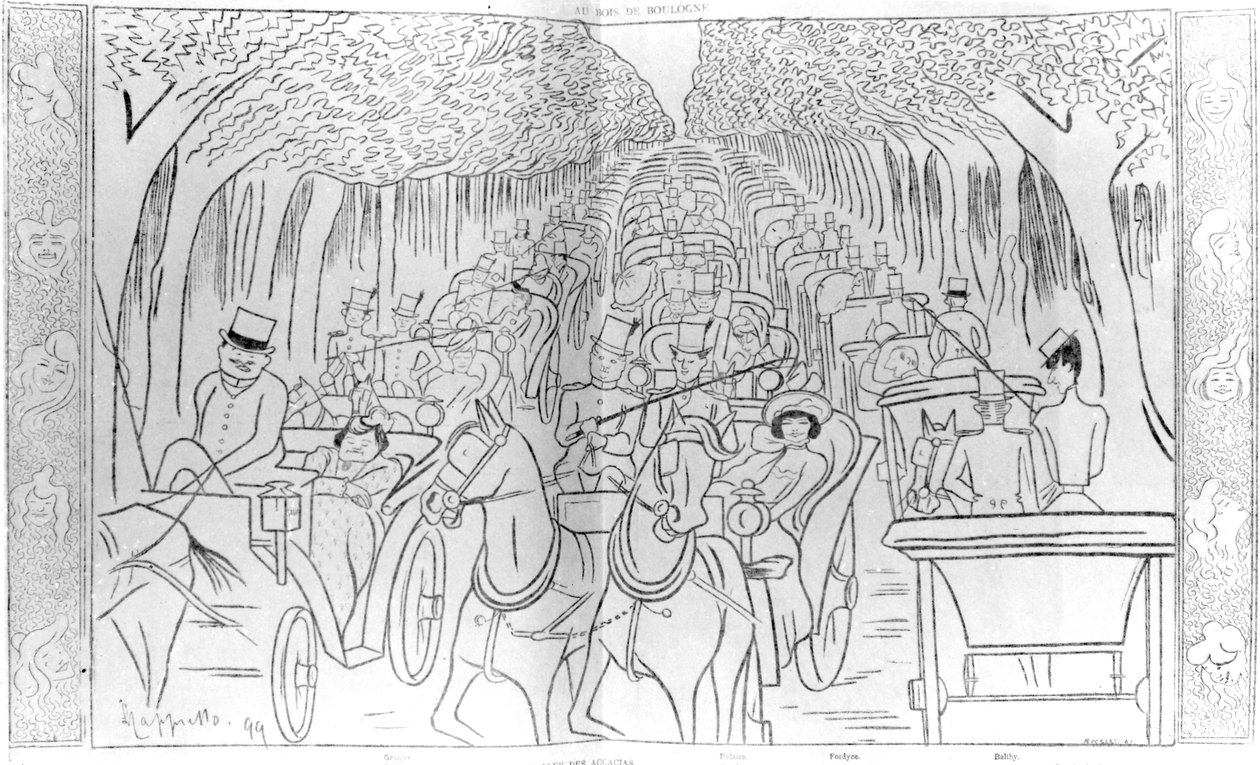 Scene, Music Hall og Opera stjerner fra Belle Epoque-æraen, kører i Bois de Boulogne, Avenue des Acacias, Paris, humoristisk karikatur fra 