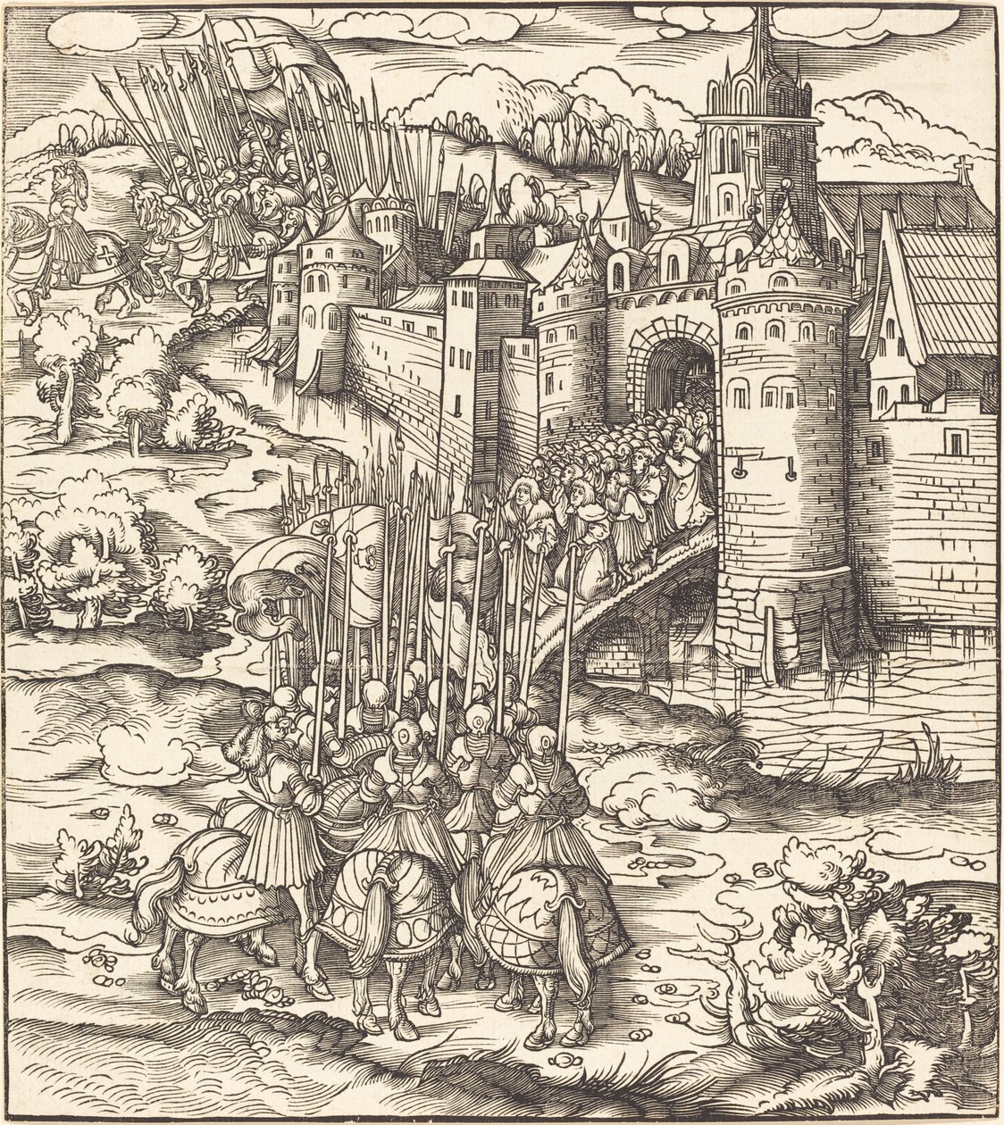 Forskellige mænd, der knæler på en bro foran en by af Leonhard Beck