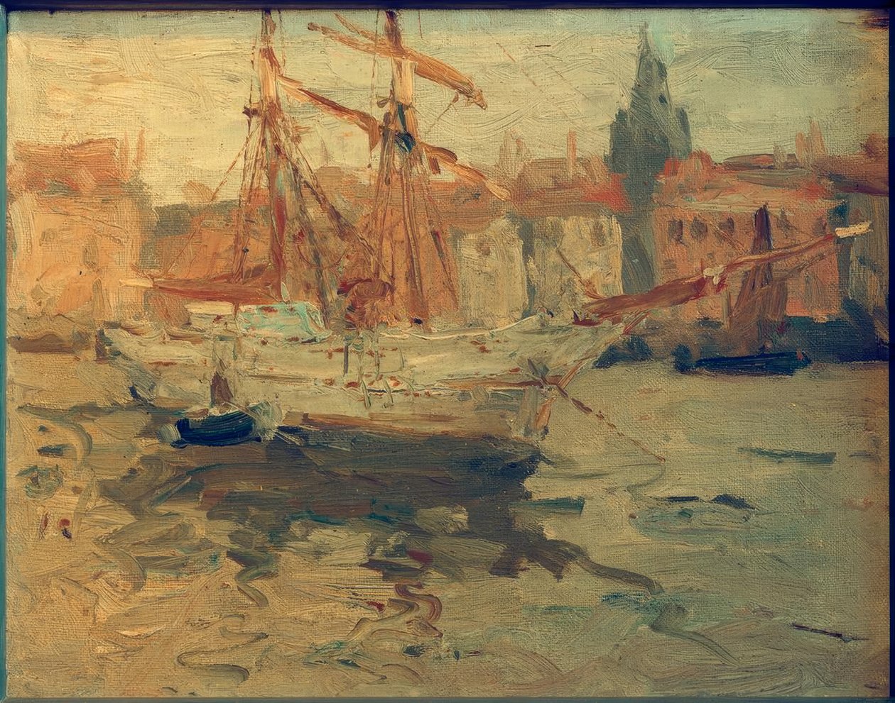 Italiensk havn med firkantet sejlskonnert af Leonhard Sandrock