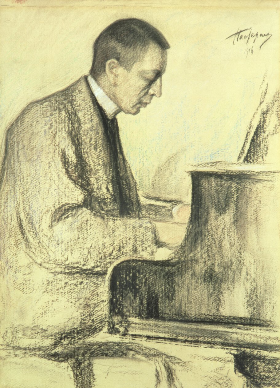 Portræt af Sergei Vasilievich Rachmaninov (1873-1943) ved klaveret, 1916 (pastel på papir) af Leonid Osipovic Pasternak