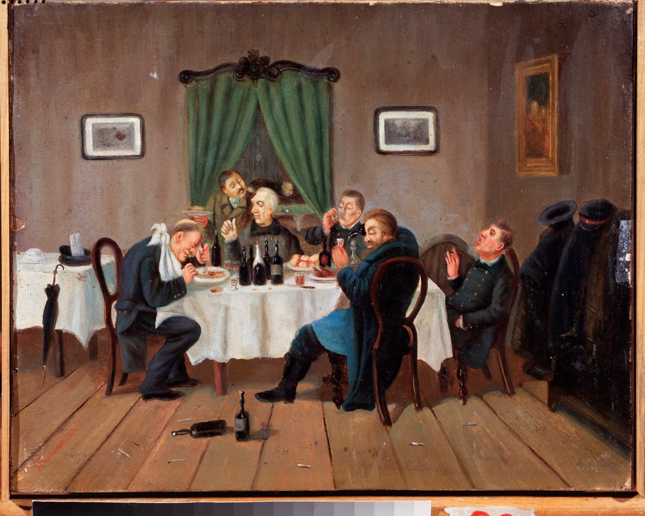 I et værtshus. Maleri af Leonid Ivanovich Solomatkin (1837-1883), olie på lærred. russisk kunst af Leonid Ivanovich Solomatkin