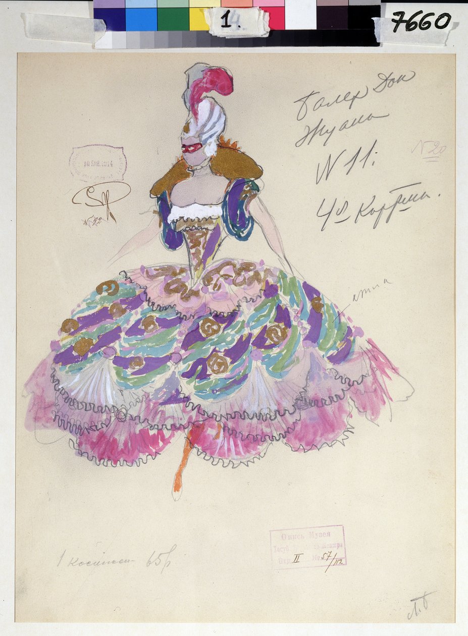 Kostumedesign til operaen ""Don Juan"" af Wolfgang Amadeus Mozart (1756-1791) (Kostumedesign til operaen ""Don Giovanni"" af W.A.Mozart). Værk af Leonid Mikhaylovich Brailovsky (1867-1937). Akvarel og gouache på papir af Leonid Mihhaylovich Brailovsky