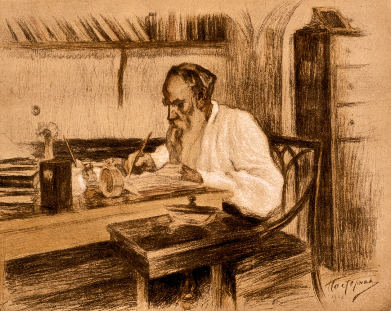 Grev Lev Tolstoy i sit arbejdsværelse. 1908 (litografi) af Leonid Osipovic Pasternak