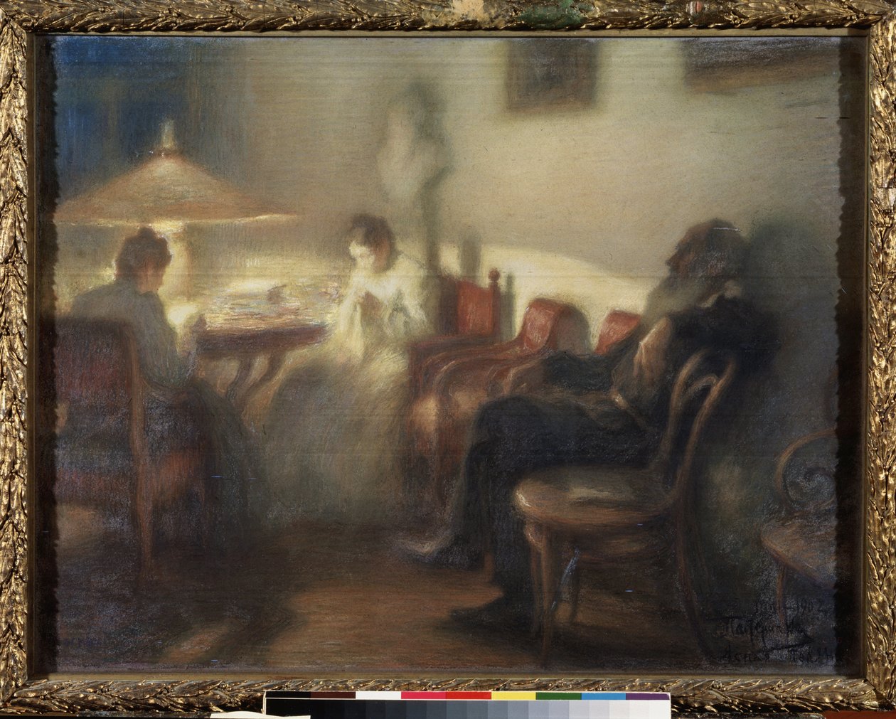 Forfatteren Leon Tolstoy (1828-1910) med sin familie i Yasnaya Polyana (Forfatteren Leo Tolstoy med sin familie i Yasnaya Polyana). Værk af Leonid Osipovich Pasternak (1862-1945), pastel på papir af Leonid Osipovic Pasternak