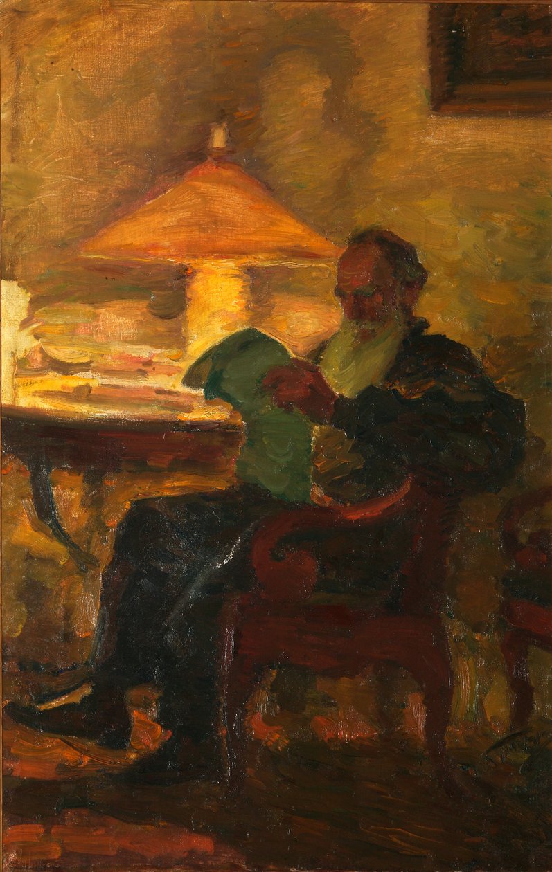 Leo Tolstoj med en avis, 1901 af Leonid Osipovic Pasternak