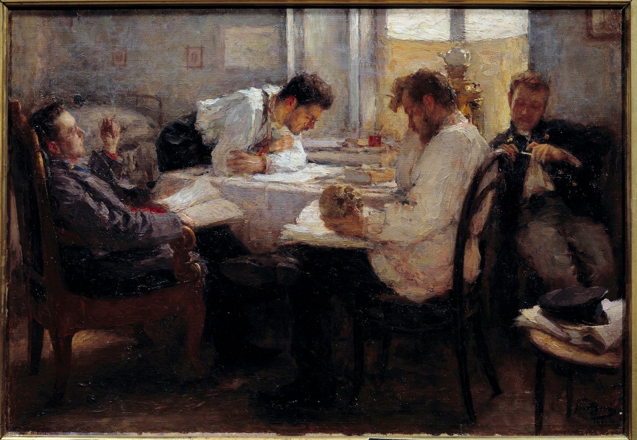 På tærsklen til eksamen Studerende gennemgår eksamener. Maleri af Leonid Osipovich Pasternac (1862-1945) 1895 søn. 0,39x0,55 m Paris, musee d