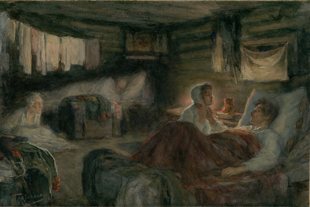 Natasha og den sårede prins Andrei i Mytishchi. Illustration til romanen Krig og Fred, 1893. af Leonid Osipovich Pasternak