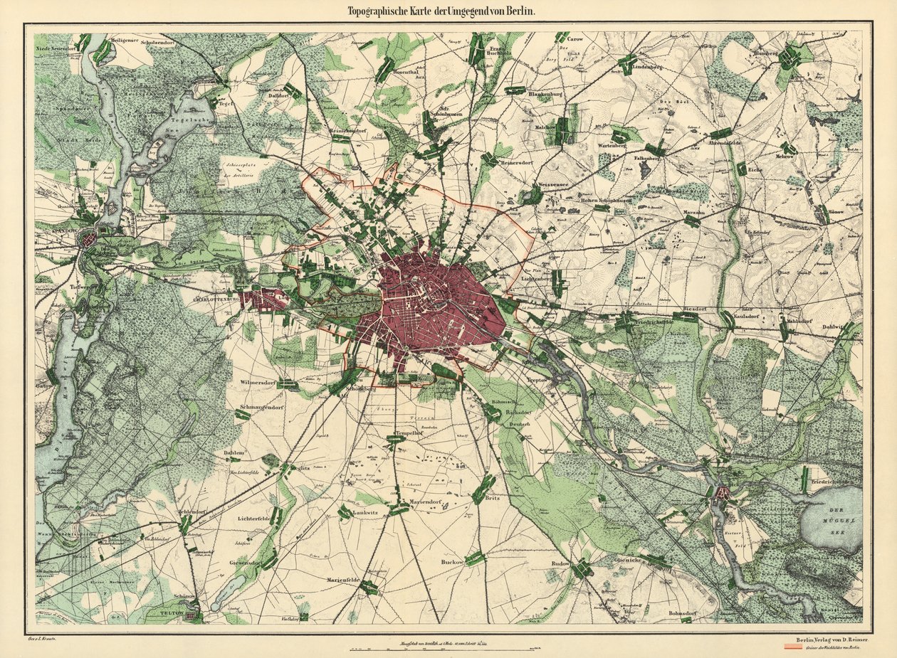 Kort over Berlin, udgivet af D. Reimer Verlag, Berlin, 1871 (farvestik) af Leopold Kraatz