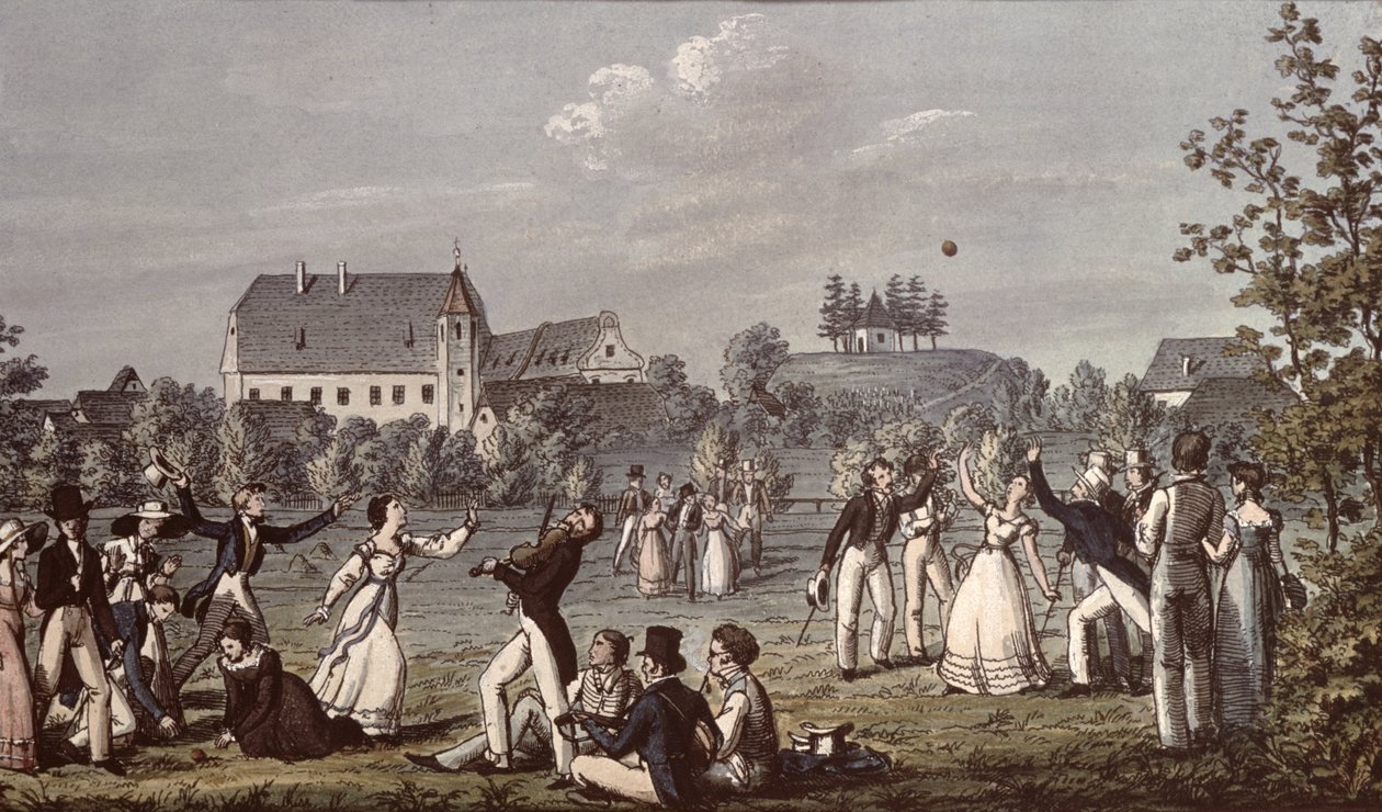 Boldspil i Atzenbrugg med Franz Schubert (1797-1828) og venner siddende i forgrunden (pen og blæk og wc på papir) af Leopold Kupelwieser