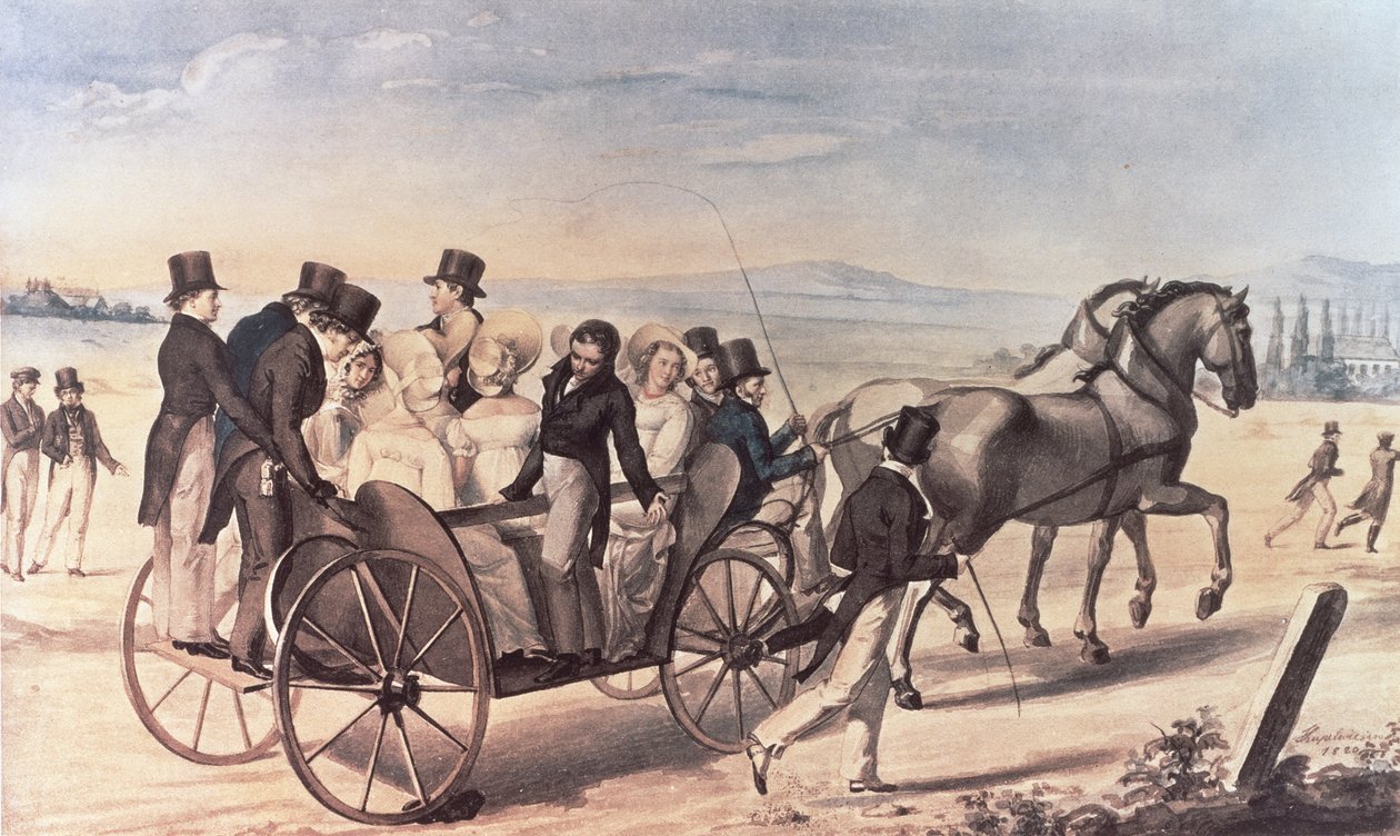 Schubertianernes udflugt fra Atzenbrugg til Aumuhl, med Franz Peter Schubert (1797-1828) stående til venstre med kunstneren, 1820 af Leopold Kupelwieser