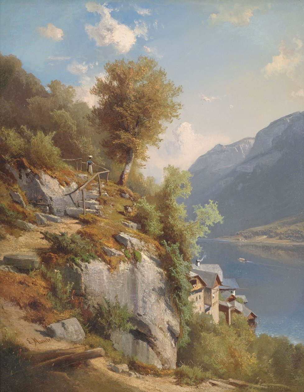 Sommerlandskab med udsigt over søen Hallstatt af Leopold Munsch
