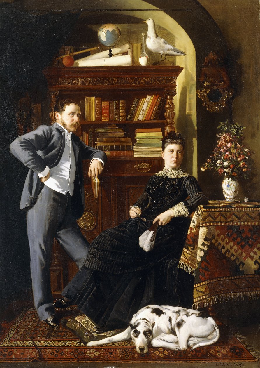 Et par i et interiør med en hund af Leopold Bara