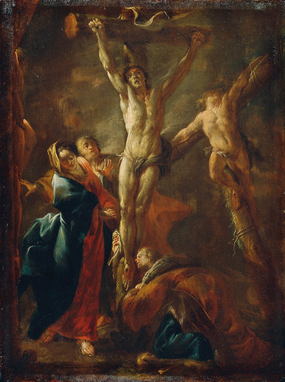 Kristus på korset med Maria, Johannes, Magdalena og de to tyve af Leopold Blonder