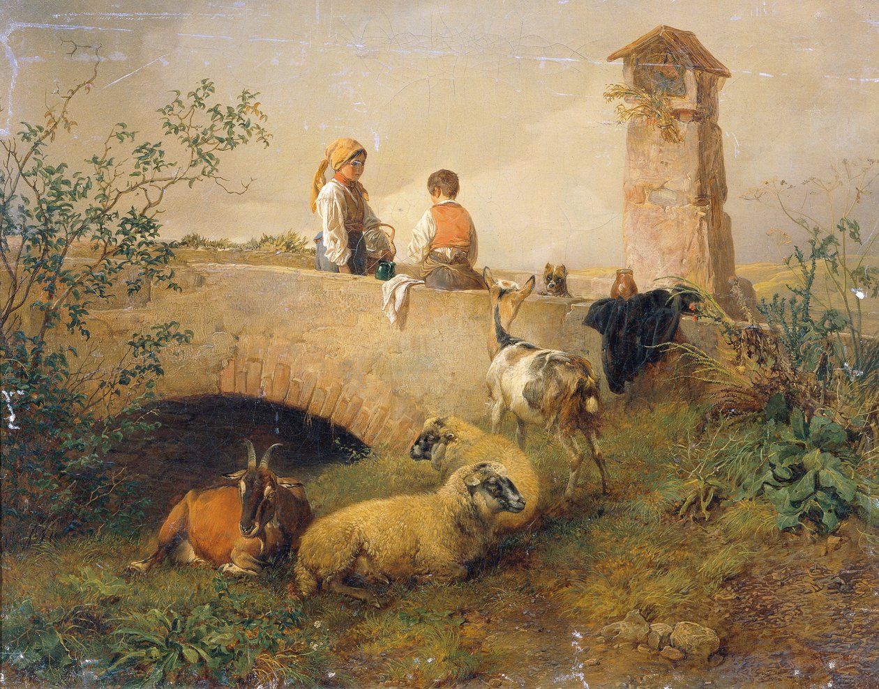 Dreng og pige med får og geder af Leopold Brunner d. J.