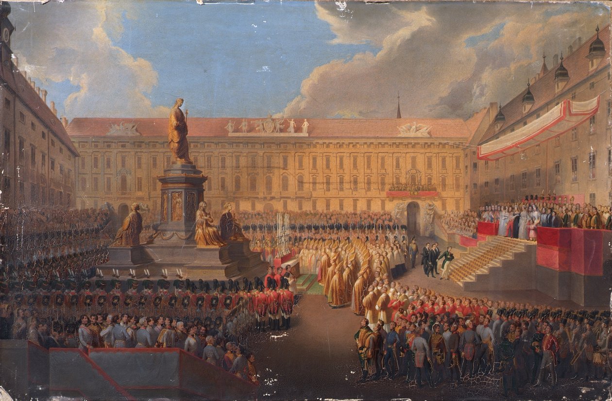 Afsløring af monumentet til kejser Franz I af Østrig den 19. juni 1846 på Wiens Franzensplatz af Leopold Bucher