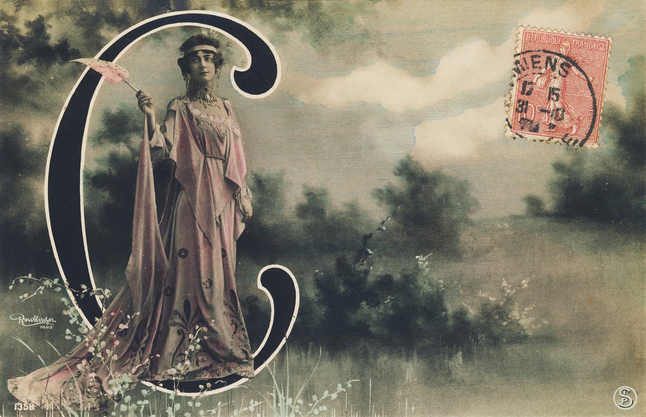 Stort C: Lucienne Roger, halv-verdenskunstner fra Belle Époque. ,1906 (fotografi) af Leopold Emile Rutlinger