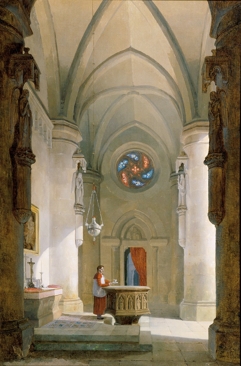 Det indre af et dåbskapelle af Leopold Ernst