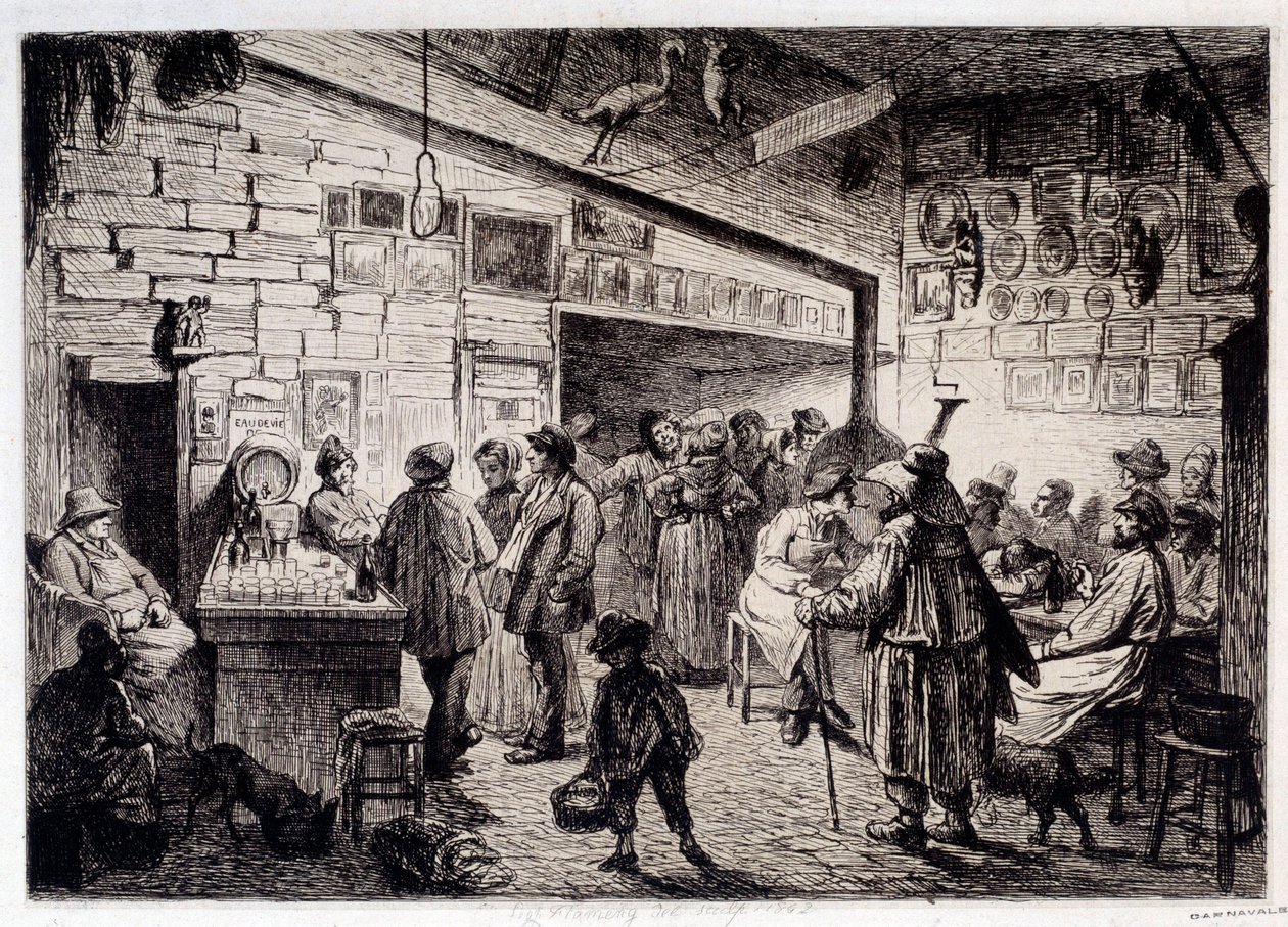 Indvendigt billede af den hvide kanin-kabaret" revet ned i 1860"" Gravering af Leopold Flameng (1831-1911) 1863 Paris, Musee Carnavalet af Leopold Flameng