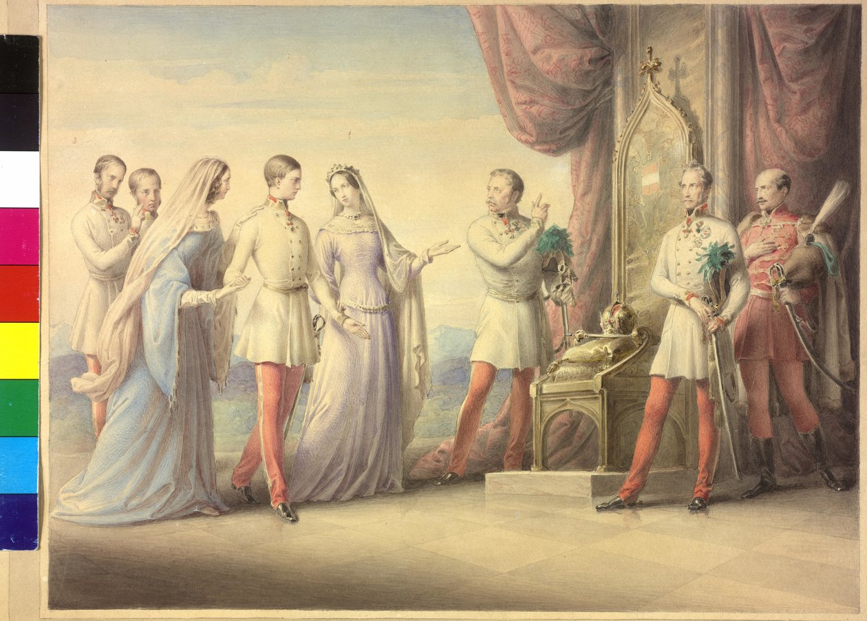 Kejserinde Maria Anna og ærkehertuginde Sophie med kejser Franz Joseph I af Leopold Kupelwieser