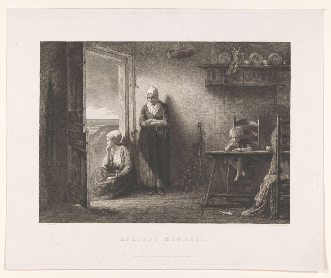 To kvinder og et barn i et fiskerhus i klitterne Efter stormen Anxious Moments (titel på objekt) af Leopold Lowenstam