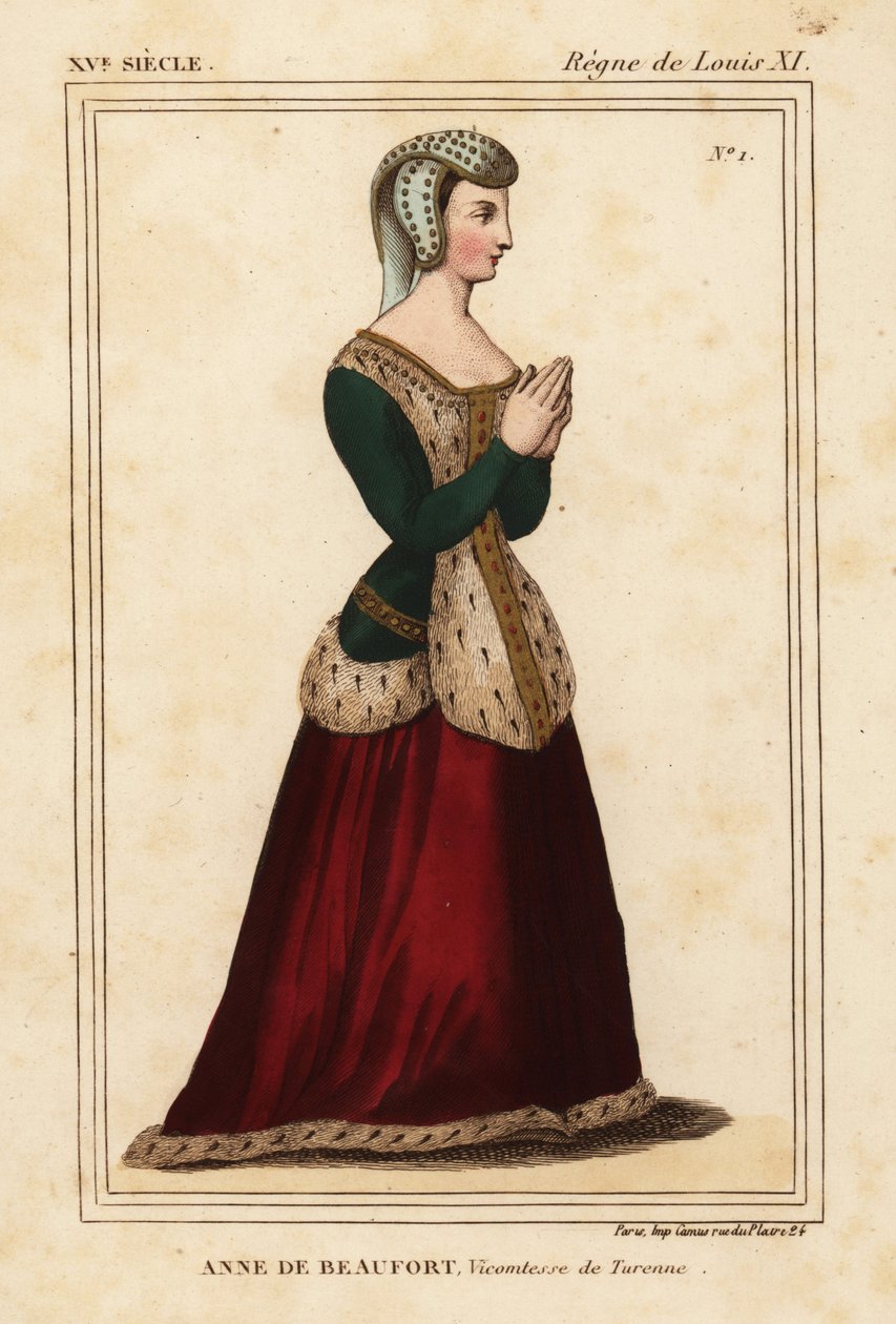 Anne Rogier de Beaufort, Viccountess de Turenne 1435-1479. Håndfarvet litografi efter et vindue i rustfrit glas i kirken Cordelieres de Nantes i Roger de Gaignieres