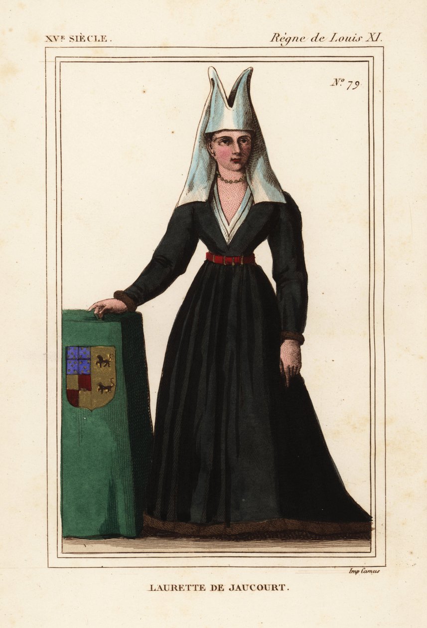 Lauretta af Jaucourt, hustru til Michael af Chaugy, Lord of Chissey, Laurette de Jaucourt, håndfarvet litografi efter en miniature i Roger de Gaignieres