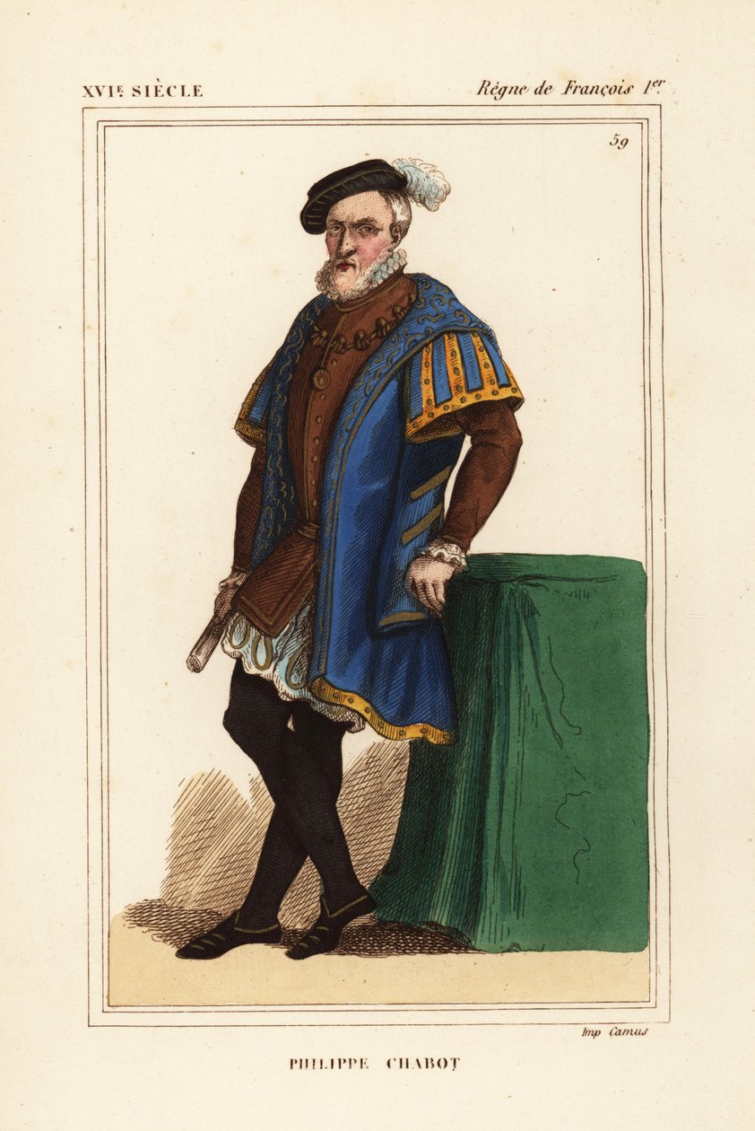 Philippe Chabot, Lord of Brion, greve af Charny, Admiral de Brion, fransk admiral, d. 1543. Håndfarvet litografi efter et portræt i Roger de Gaignieres