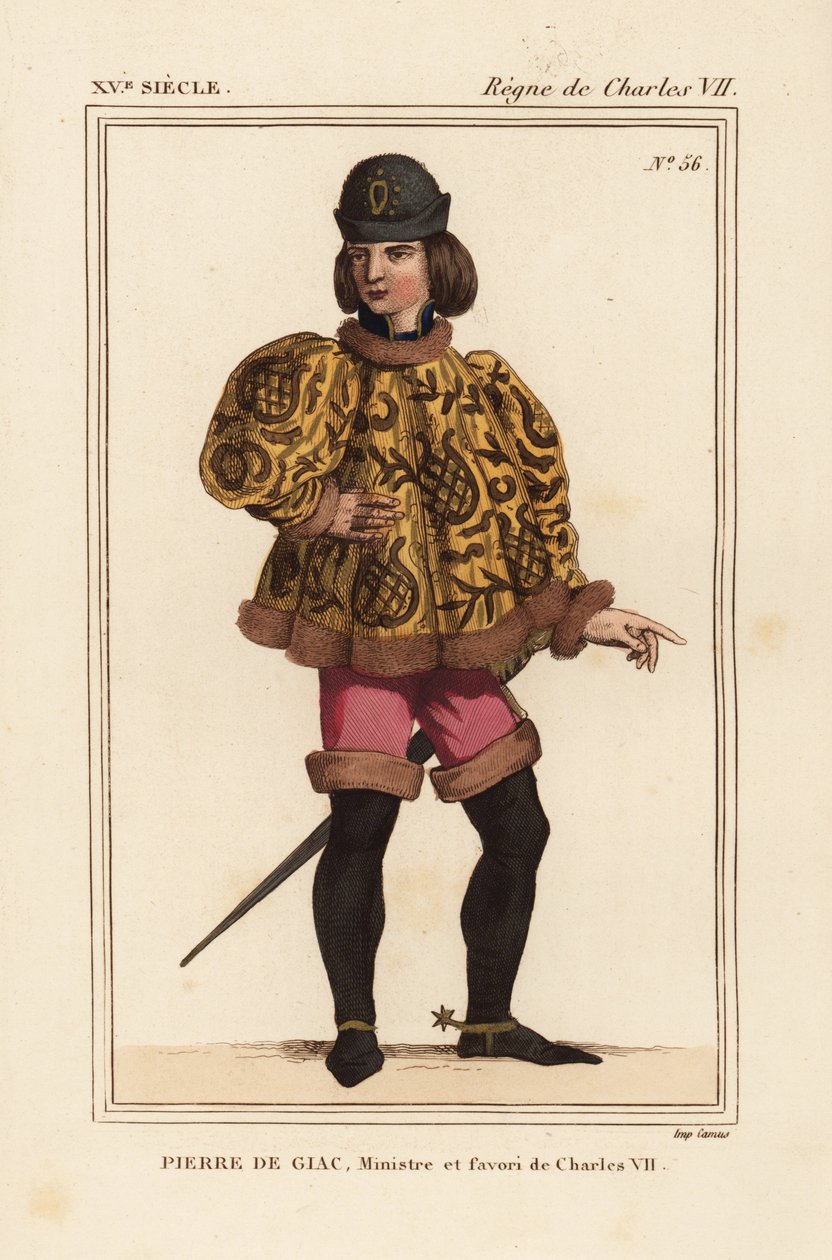Pierre de Giac, kammerherre for kong Charles VII fra 1377-1426. Henrettet ved drukning ved Dun-Le-Roi. Han bærer en kort kasse med mahoiterærmer, lyserøde pantalons og støvler med sporer. Håndkoloreret litografi efter en miniature i et manuskript Histoire  af Leopold Massard