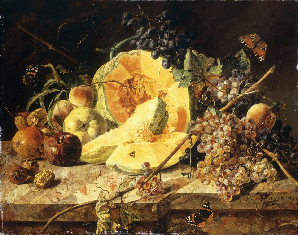 Et stilleben med frugt, nødder og insekter, 1835 af Leopold Zinnogger