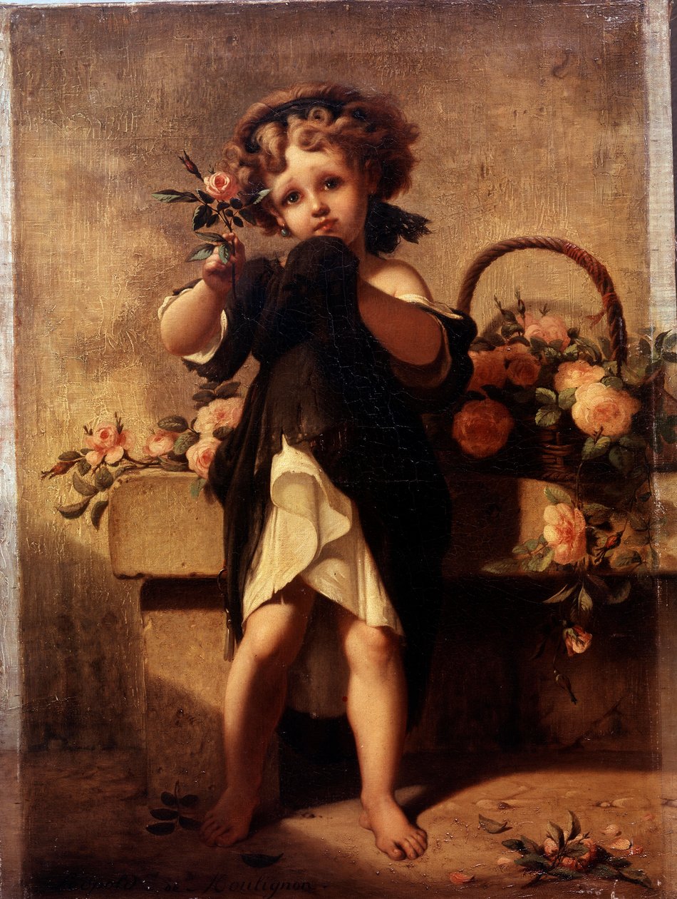 Fuld længde portræt af en lille pige med en rose Maleri af Leopold Moulignon (1821-1897) 1800-tallet. af Leopold de Moulignon