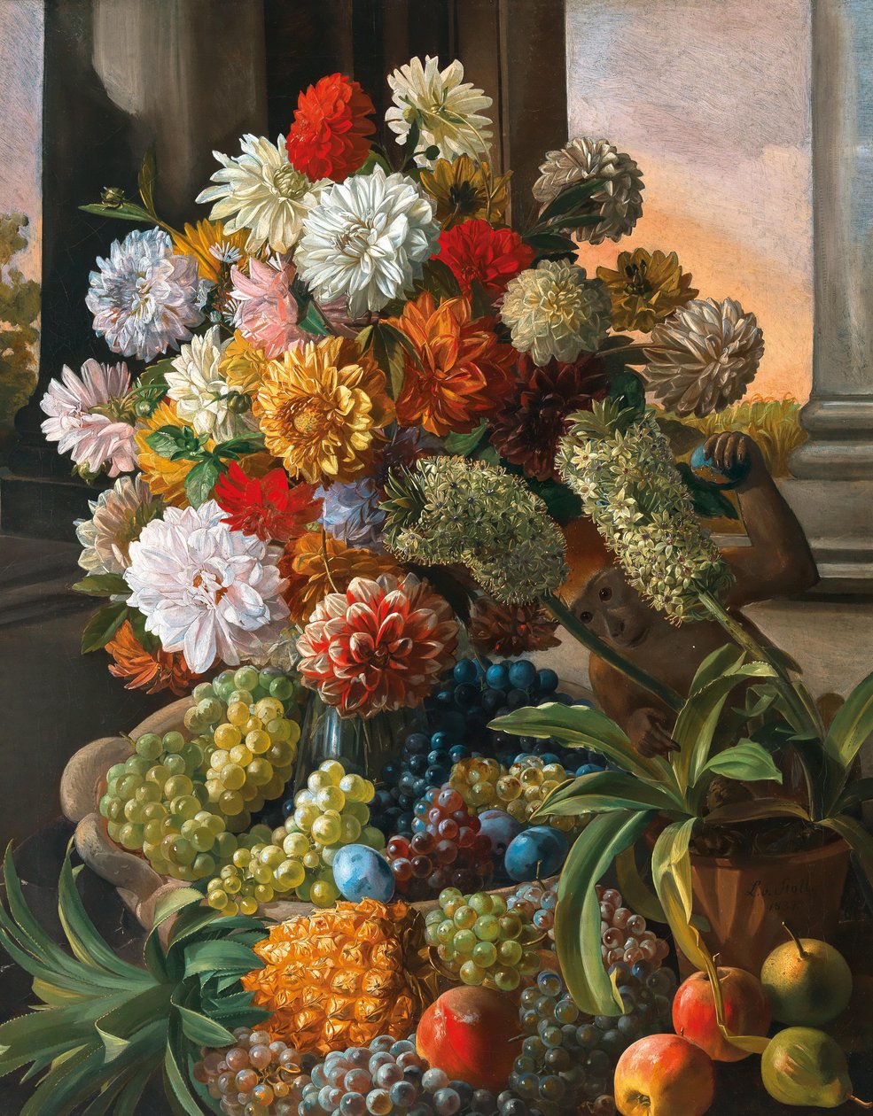 Leopold von Stoll Stilleben med blomster og druer af Leopold von Stoll