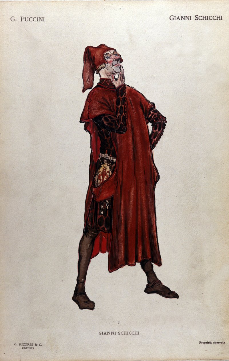 Kostume til Gianni Schicchis karakter fra operaen "Il trittico" (Triptykonen) af Giacomo Puccini (1858-1924) - 1919 af Leopoldo Metlicovitz