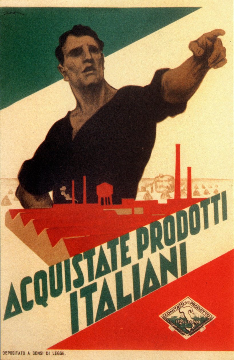 Fascisme: propagandaplakat for autarki i Italien ""Køb italienske produkter"" af Leopoldo Metlicovitz